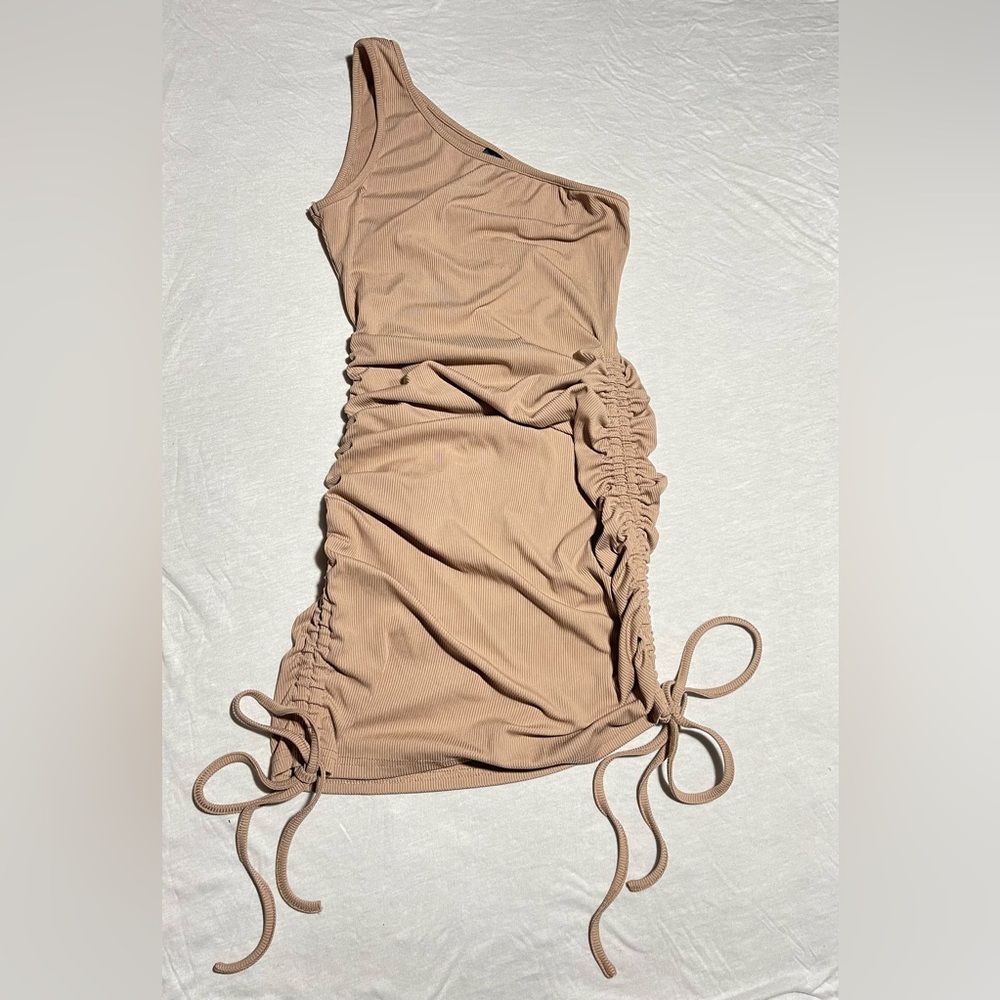 SHEIN Beige One Shoulder Ruched Bodycon Dress